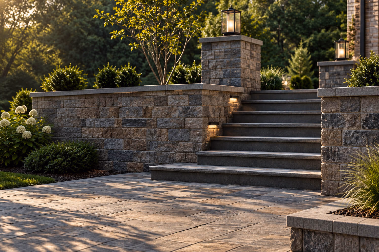 Stone steps and retaining walls with lantern-lit columns beside a paved patio